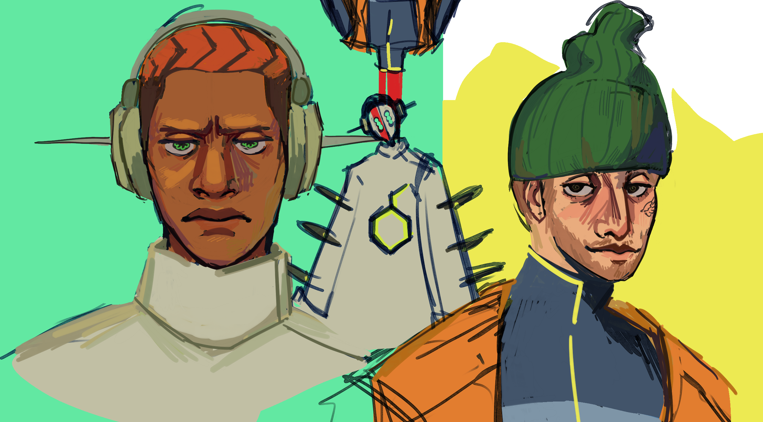 A digital piece with a few subjects, like a simple collage. On the left is a portrait of DJ Cyber frowning at the viewer, brows furrowed.
                    In the center is a rough sketch of DJ Cyber with the mask on and an upside-down decapitated Felix above him, with stylized blood flowing from his neck to Cyber.
                    On the right is a portrait of Felix, calmly looking at the viewer from the side. The portraits are minimally but colorfully rendered, while the center sketch just has local colors.