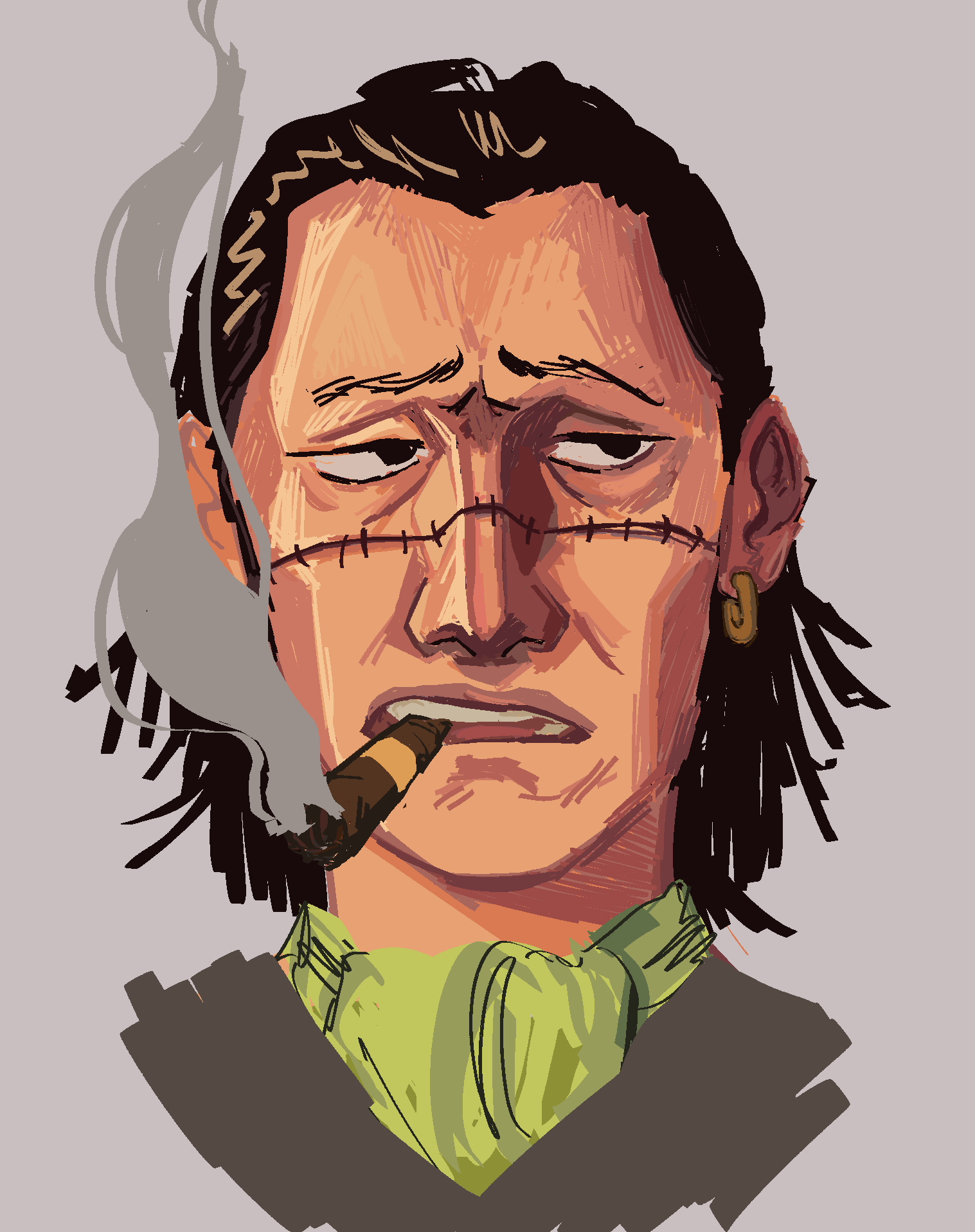 A digital portrait of Crocodile from One Piece. He has his usual scowl and pinched brow, and he's looking off at something on his left, almost bored. He's roughly rendered, with clear, hard brush strokes. 