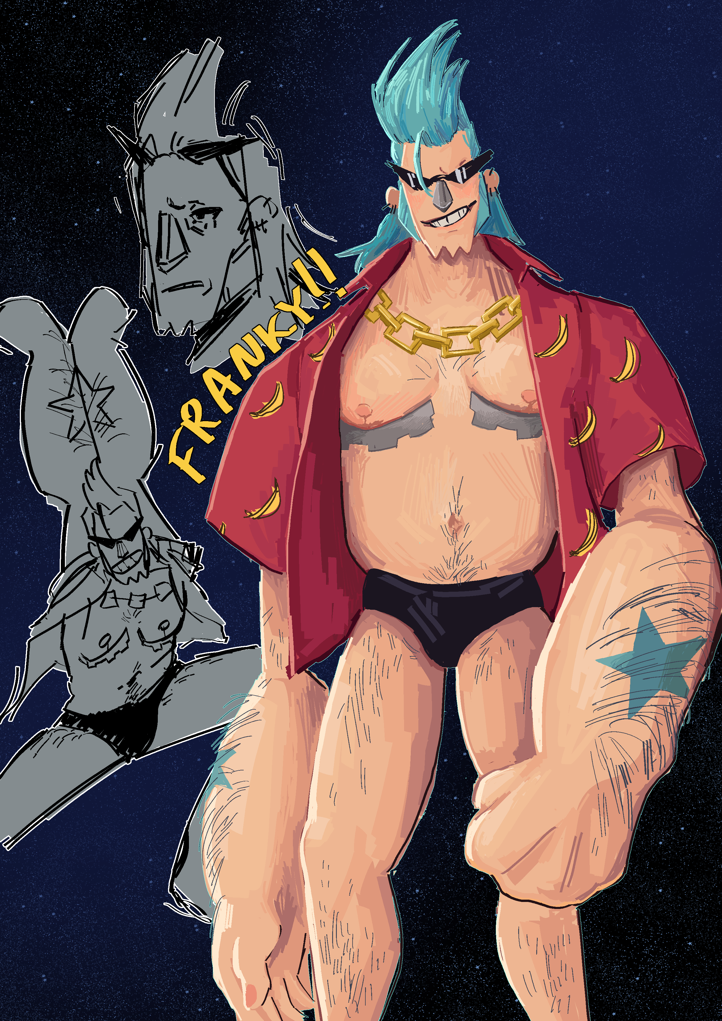 A few digital drawings of Franky from One Piece. The largest is a full-color drawing of him about the calves up. He's grinning at the camera with his shades shining, and he's in his water 7 outfit, with notable gear shaped top-surgery scars. The other two drawings behind him are much looser and uncolored. Top is a portrait of him looking a bit worried at something unseen. The second is him doing his signature pose, arms together above his head. The background is a dark blue with a vague starry pattern.