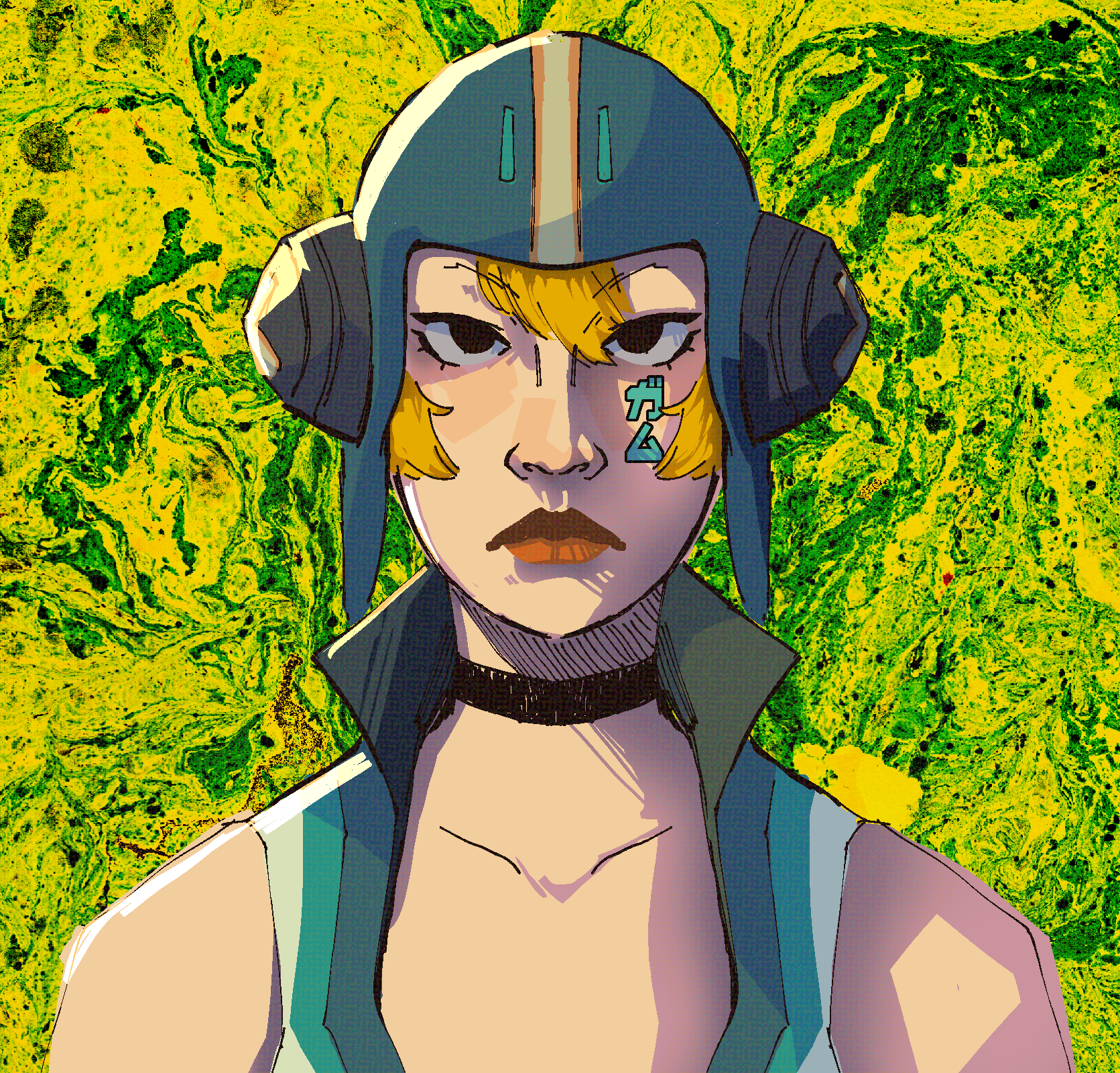 A digital drawing of Gum from Jet Set Radio Future from the shoulders up. She is staring forward at the viewer, determined looking. The shading is a bit blocky and the background is a bright yellow and green marbled texture.