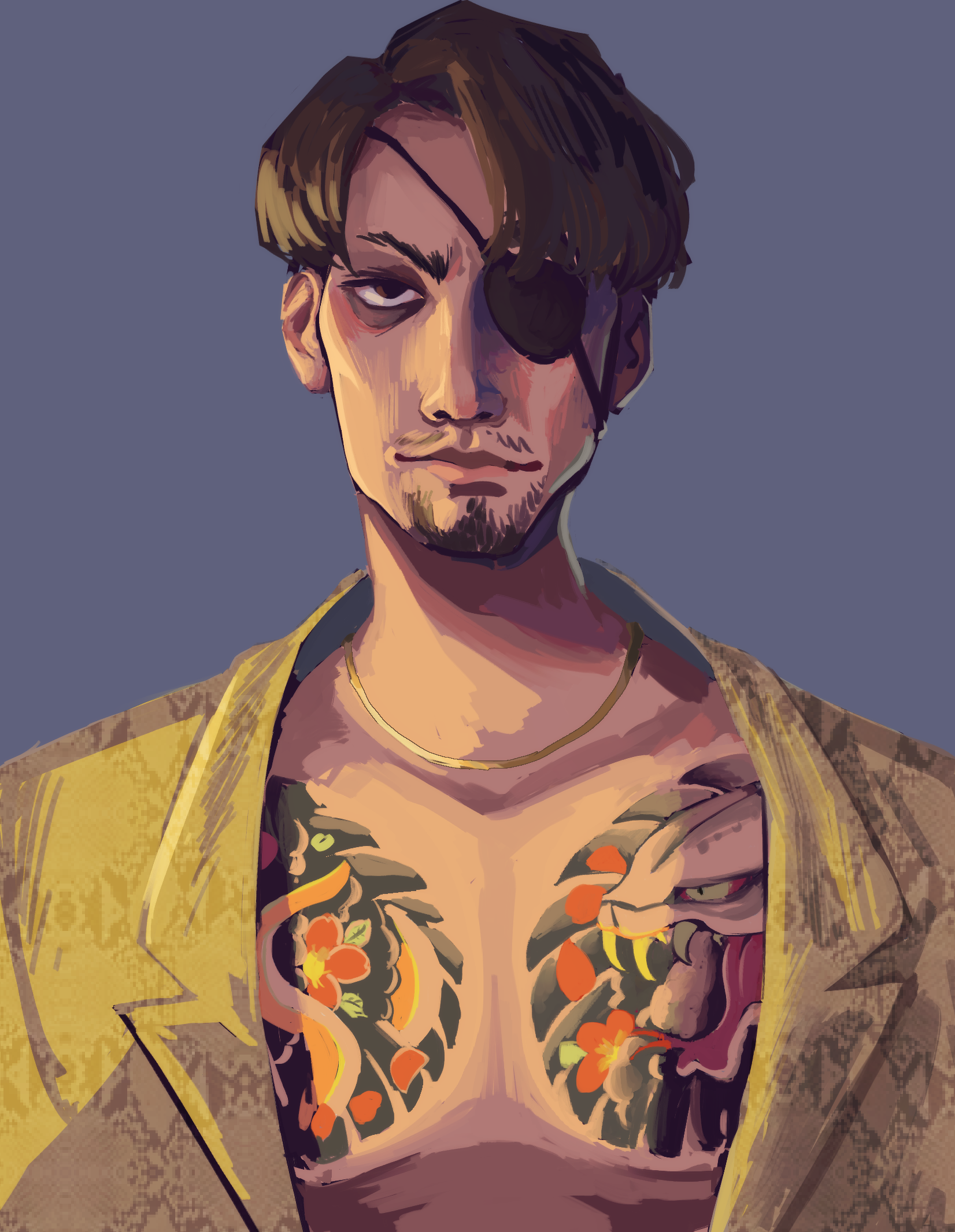 A painted portrait of Majima Goro from the Yakuza series from the chest up. He is smirking at the viewer and lit harshly from his right. 