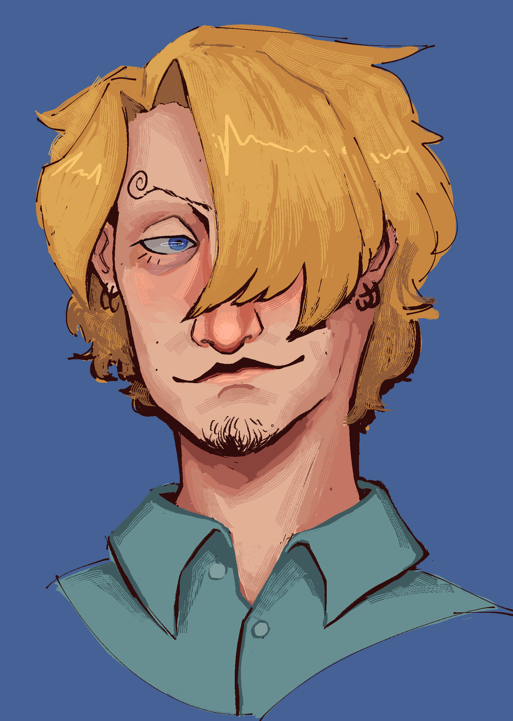 A digital portrait of Sanji from One Piece. He is smiling nicely at the viewer and painted with many lines. 