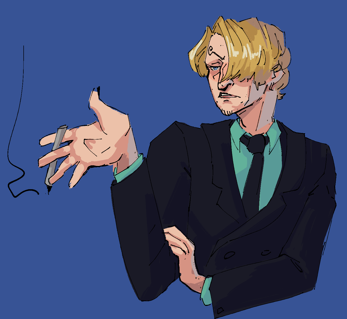 A drawing of Sanji One Piece from about the waist up. He is talking to something to the left, gesturing with one arm and crossing the other over his chest. He looks annoyed and is on a medium blue background.