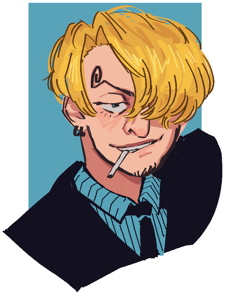 A portrait of Sanji from One Piece. He is smirking up at the viewer smugly. He's drawn with very dark, chunky lines and minimal shading.