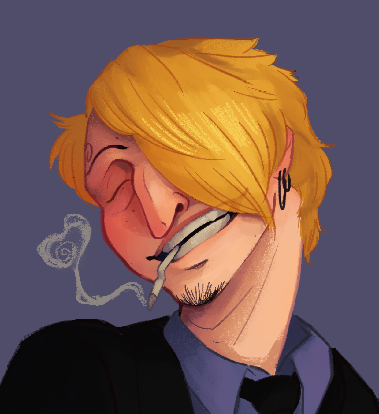 A digital portrait of Sanji from One Piece. He's grinning wide and blushing, holding a cigarette with his teeth. The smoke makes a curly little heart