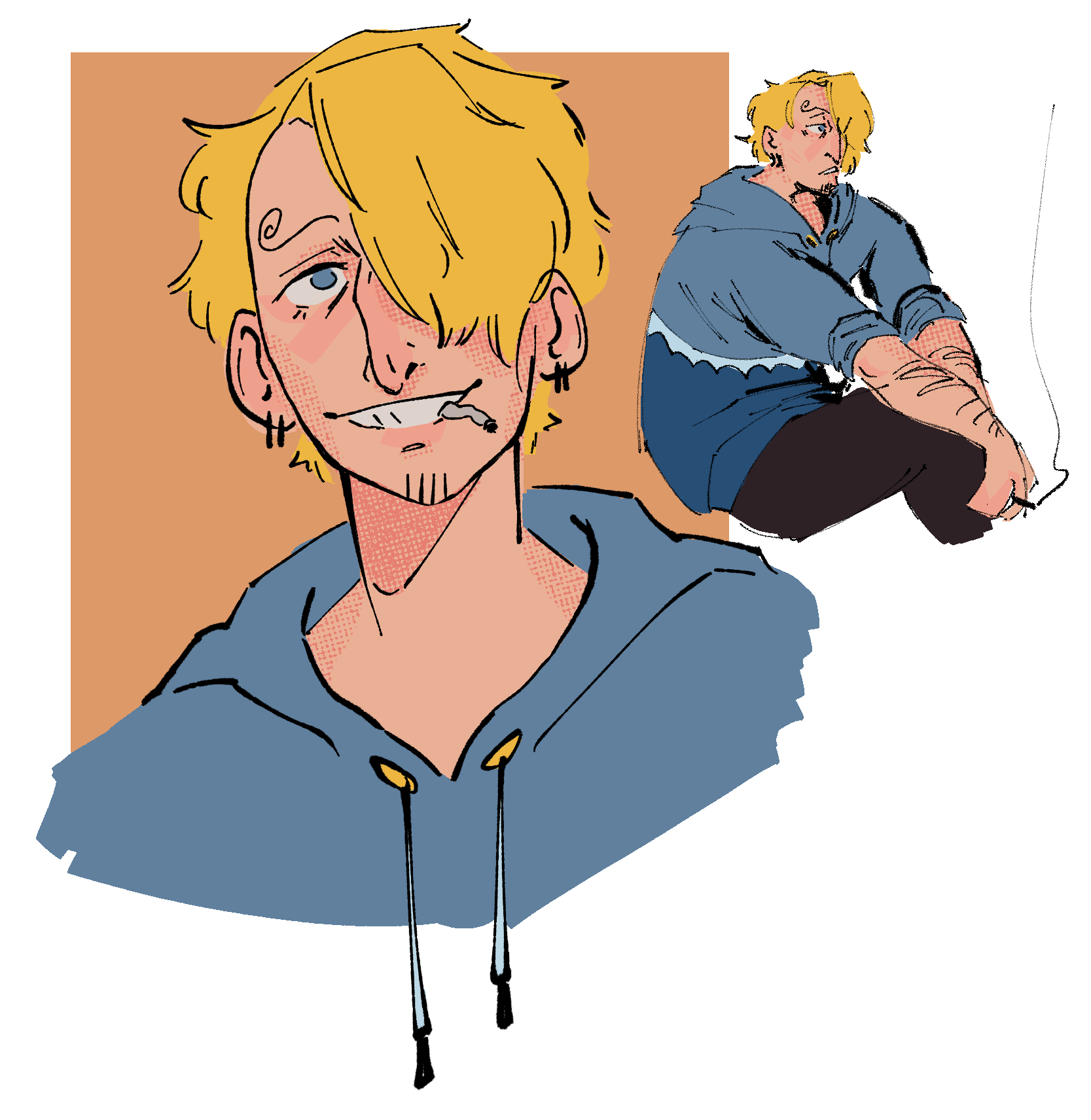 Two digital drawings of Sanji from One Piece. The first is a portrait of him smiling brightly at the viewer. The second is a smaller half-body drawing of him, sitting slouched and looking at something unseen. In both, he is wearing his blue hoodie and is minimally shaded, with just simple shading on his skin. 