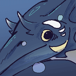 A small short pixel animation of a close up on Skipper, who looks like a navy blue ichthyosaurs, a dolphin like dinosaur-era marine reptile, with small horns and some white and yellow markings. It is a close up mainly focused on her eye, with about half of her long snout visible. There are animated bubbles floating up around her. She has an animated shine in her eye as well.